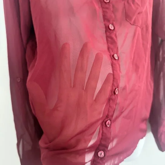 Full Tilt Sheer Burgundy Button-Down Blouse | Size M - Picture 6 of 10